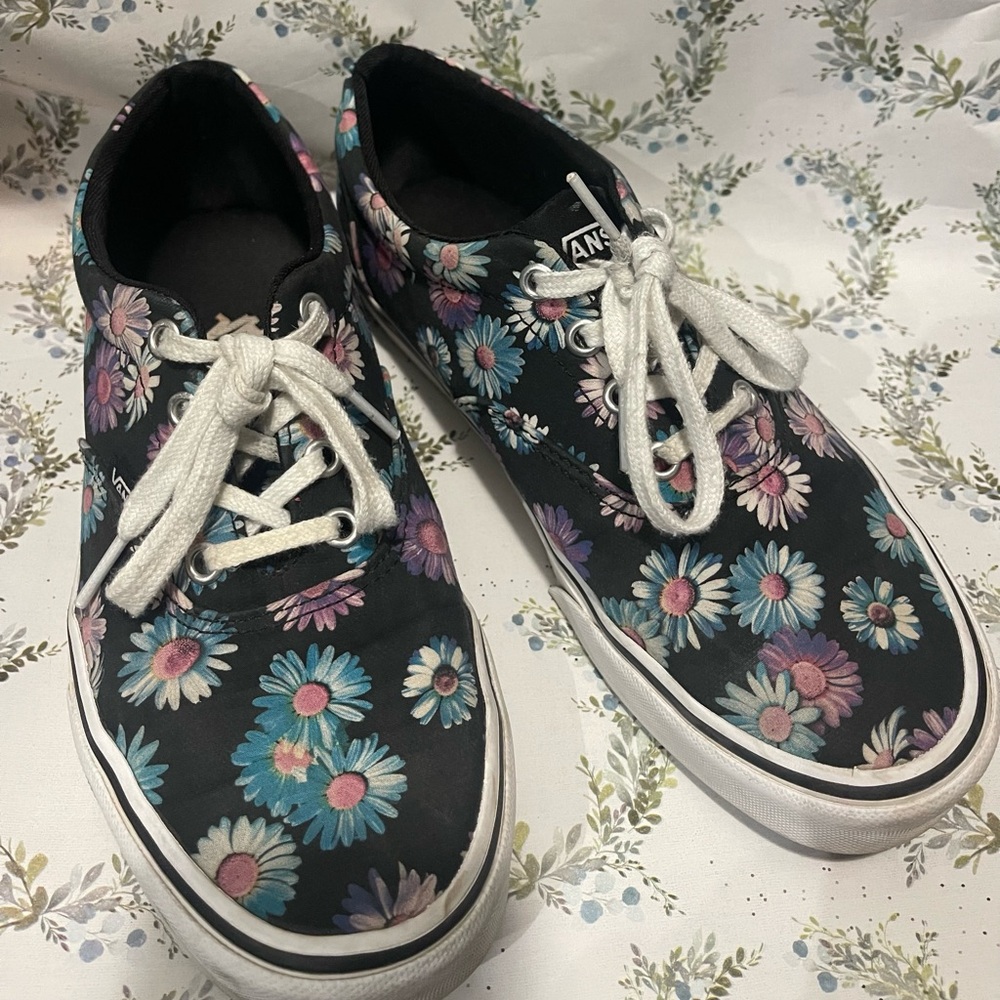 Vans Black Floral Canvas Sneakers with White Laces